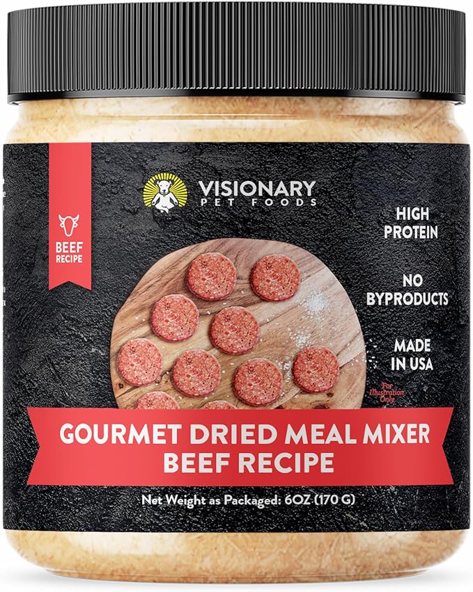 Visionary Pet Foods Gourmet Freeze Dried - Meal Mixer, Dry Food Topper, High in Protein, Low Carb and Grain Free, Healthy Snack for Dogs, Beef Flavor 6oz. Jar