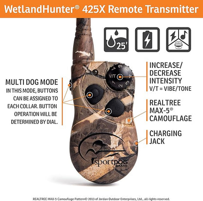 SportDOG Brand WetlandHunter 425X Camouflage Remote Trainer with Additional Shock Collar - 500 Yard Range - Train 2 Dogs - Rechargeable with Static, Vibe, and Tone