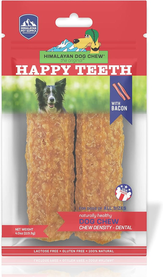 Himalayan Dog Chew Happy Teeth Yak Cheese Dog Chews Dental Chews, 100% Natural, Long Lasting, Gluten Free, Healthy & Safe Dog Treats for Oral Health, Lactose & Grain Free, Protein Rich, Bacon, 2 Chews