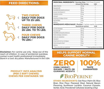 Renew Actives Organic Turmeric Joint Supplement for Dogs - Advanced Canine Support for Hip, Joint & Cartilage Health - Natural Mobility Formula with 120 Chewable Soft Treats