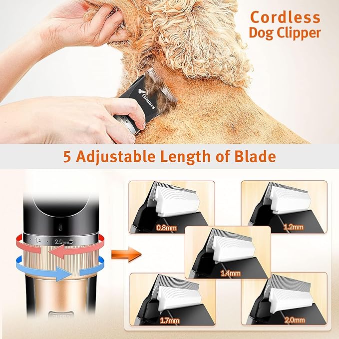 Gimars Cordless 3-Speed Dog Clippers with 6 in 1 4CR Stainless Steel Dog Grooming Scissors Kits, Low Noise Quiet Rechargeable Pets Hair Thick Coats Trimmers Dog Shaver Clippers Kit for Dogs Cats Pet