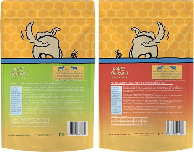 Honey I'm Home Honey Coated Buffalo Mango and Apple Jerky Dog Fruit Treats Variety Pack