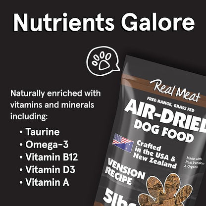 Real Meat Air Dried Dog Food w/Real Venison - 5lb Bag of USA-Crafted Grain-Free Real Meat Dog Food Sourced from Hormone-Free, Free-Range, Grass-Fed Venison - All Natural, High Protein Venison