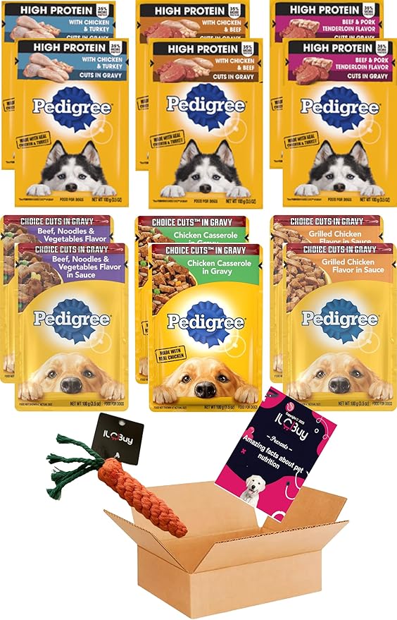Pedigree high protein dog food bundle, includes 12 pouches, High Protein and cuts in gravy, assorted 06 Flavors(02 each).Plus a Carrot dog toy and a Pet Nutrition Booklet.