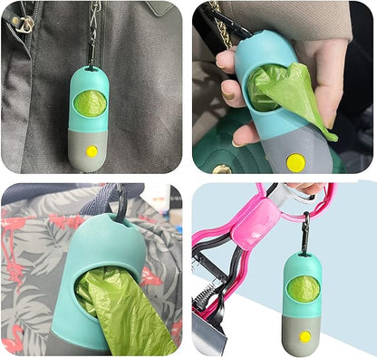 2 Pack Dog Poop Bag Dispenser with Built-in LED Flashlight, Pet Waste Bag Holder for Leash with Carabiner Clip for Lead Leash, 2 Rolls Leak-proof Doggy Waste Bags for Dog Walking, Blue,Eliamo