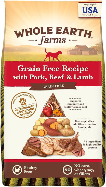 Whole Earth Farms Natural Grain Free Dry Kibble, Wholesome And Healthy Dog Food, Pork, Beef, And Lamb Recipe - 25 LB Bag
