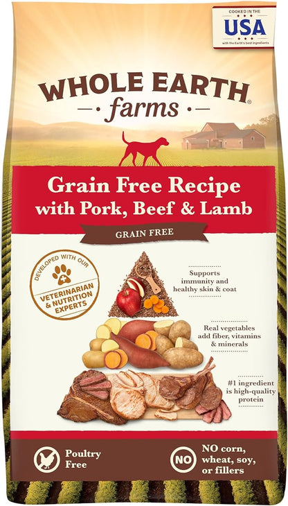 Whole Earth Farms Natural Grain Free Dry Kibble, Wholesome And Healthy Dog Food, Pork, Beef, And Lamb Recipe - 4 LB Bag