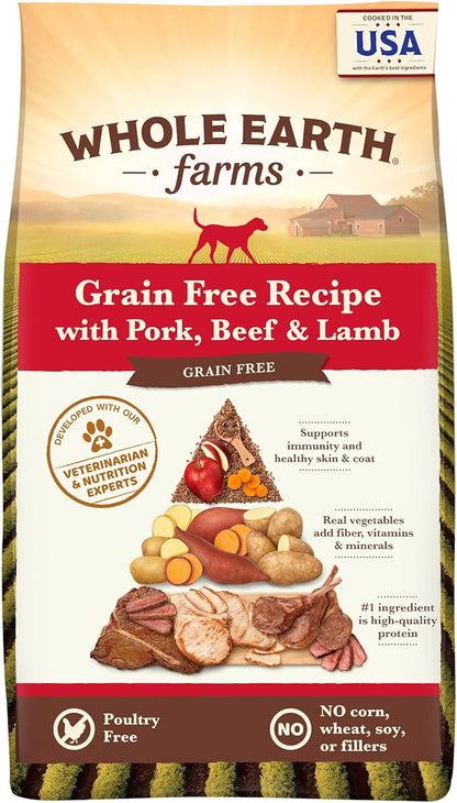 Whole Earth Farms Natural Grain Free Dry Kibble, Wholesome And Healthy Dog Food, Pork, Beef, And Lamb Recipe - 25 LB Bag