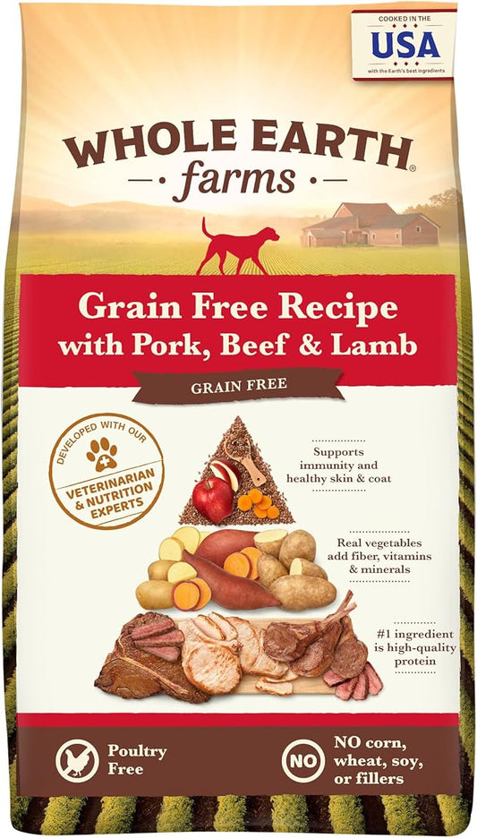 Whole Earth Farms Natural Grain Free Dry Kibble, Wholesome And Healthy Dog Food, Pork, Beef, And Lamb Recipe - 25 LB Bag