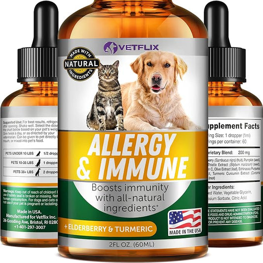 Velflix Allergy Immune Anti Itch & Hot Spots - Made in USA Natural Pet Supplement for Cat & Dog Allergy Relief with Turmeric & Milk Thistle -Seasonal Allergies Digestive Treatment for Dogs & Cats