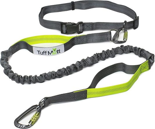 Hands Free Dog Leash for Running, Walking, Hiking, Durable Dual-Handle Bungee Leash is 4 Feet Long with Reflective Stitching, Adjustable Waist Belt That Fits 42 Inch Waist (Carabiner/Green)
