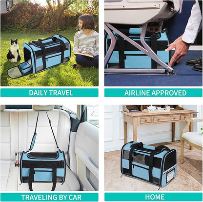 Cat Carrier Soft Sided Carrier for Small Medium Cats Puppies Dogs Up to 15 Lbs, TSA Airline Approved Pet Carrier Collapsible Travel Puppy Carrier Bag, Blue