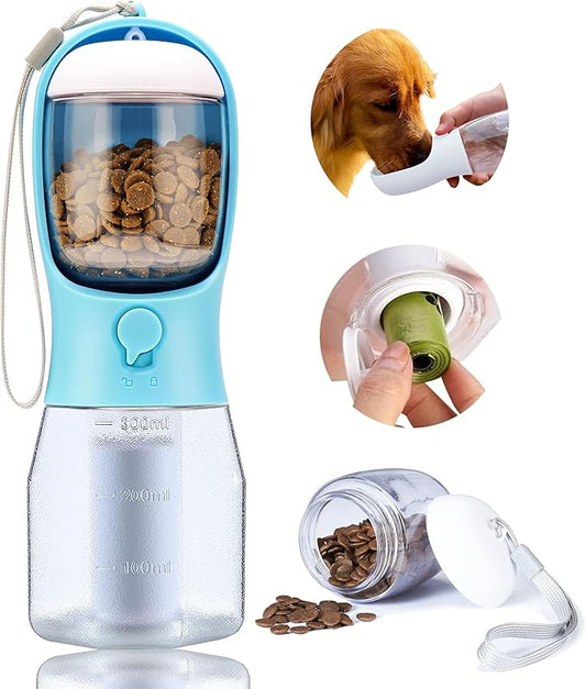 Dog Water Bottle with Food Container, Portable Pet Dog Water Dispenser for Outdoor Walking,Hiking,Travel,Puppy Essentials,Puppy Supplies,Replaceable Waste Bags
