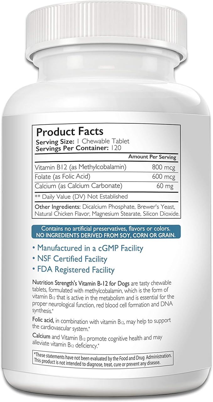 Vitamin B12 for Dogs Plus Folate & Calcium, Support the Nervous System & Blood Cell Formation, Help Sustain Cellular Energy Generation & Maintain DNA Synthesis, 120 Chewable Tablets