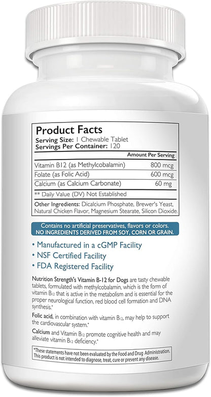 Vitamin B12 for Dogs Plus Folate & Calcium, Support the Nervous System & Blood Cell Formation, Help Sustain Cellular Energy Generation & Maintain DNA Synthesis, 120 Chewable Tablets