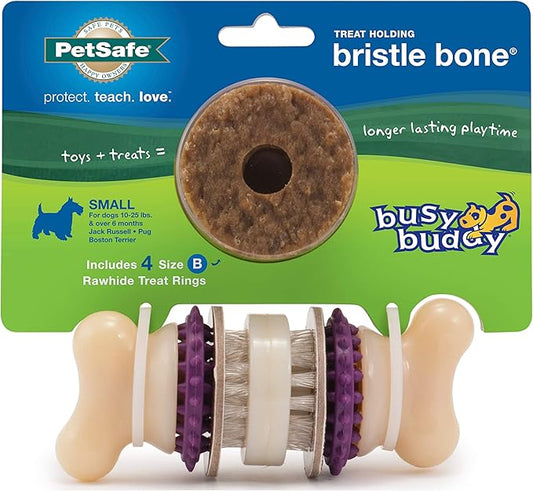 PetSafe Busy Buddy Bristle Bone - Treat-Holding Toy for Dogs - Treat Rings Included - Treats Thoroughly Mixed During Bake to Prevent Choking - Rigorously Tested Ingredients - Purple, Small