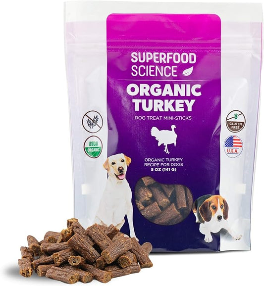 Organic Dog Treats for Small, Medium, and Large Breeds, Semi-Soft Organic Turkey Dog Training Jerky Snack Bites, All-Natural & Gluten-Free, Immunity & Hypoallergenic recipe, 5 oz