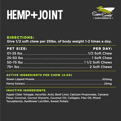 Super Snouts Hemp & Joint Chew for Dogs & Cats, 30 Chews (Up to 60 servings) – Made in USA Hip & Joint Supplement with Green Lipped Mussels, Hemp Helps Calms Joint Inflammation & Relief Joint Pain
