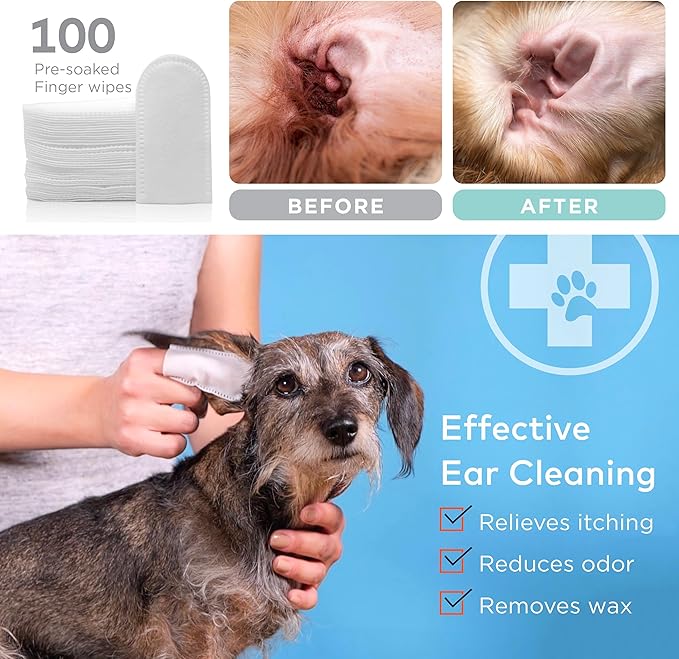 Dog Ear Cleaner Wipes - Cleanser for Dogs - Ear Itching, Dissolves Wax, Dirt & Odor with Coconut Oil & Aloe Vera (100 Finger Wipes)