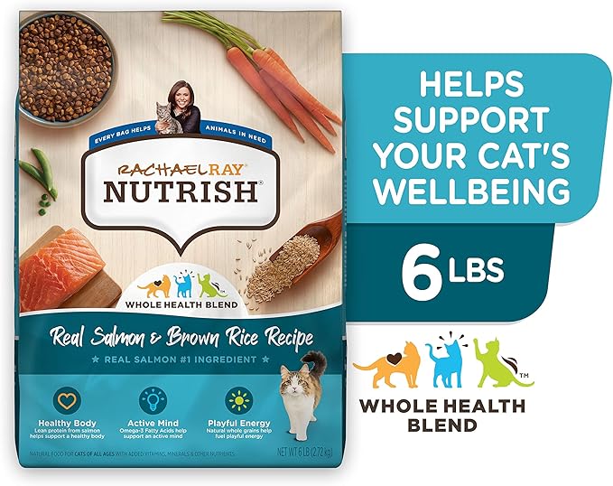 Rachael Ray Nutrish Premium Natural Dry Cat Food with Added Vitamins, Minerals & Other Nutrients, Real Salmon & Brown Rice Recipe, 6 Pound Bag