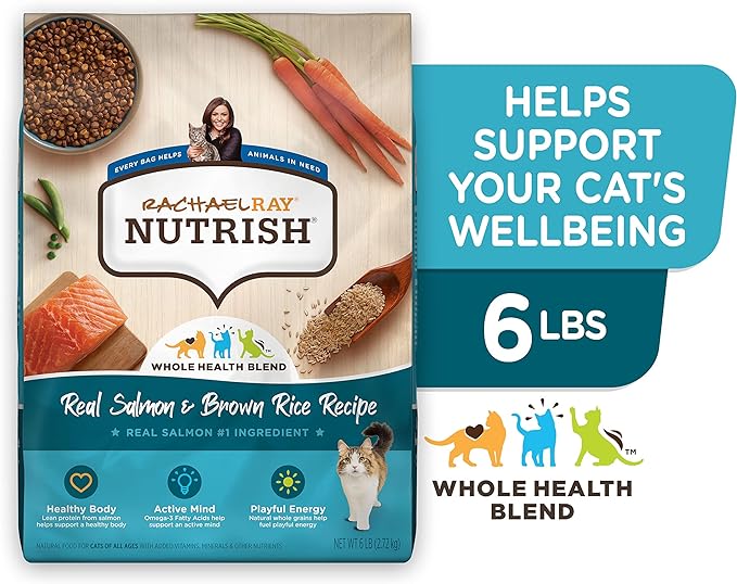 Rachael Ray Nutrish Premium Natural Dry Cat Food with Added Vitamins, Minerals & Other Nutrients, Real Salmon & Brown Rice Recipe, 6 Pound Bag