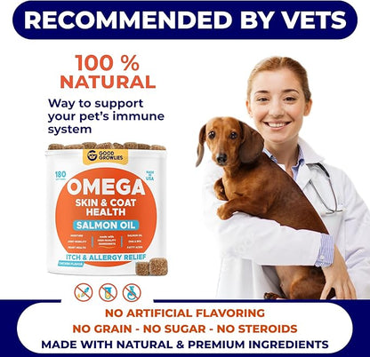 Omega 3 Fish Oil for Dogs (180 Ct) - Skin & Coat Chews - Dry & Itchy Skin Relief + Allergy Support - Shiny Coats - EPA&DHA Fatty Acids - Natural Salmon Oil Chews Promotes Heart, Hip & Joint Support