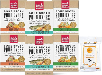 Variety Pack (6) Honest Kitchen Bone Broth Pour Overs Wet Dog Food Topper (2) Beef Stew (2) Turkey & Salmon Stew (2) Chicken Stew (5.5 oz Each) with AuroraPet Wipes