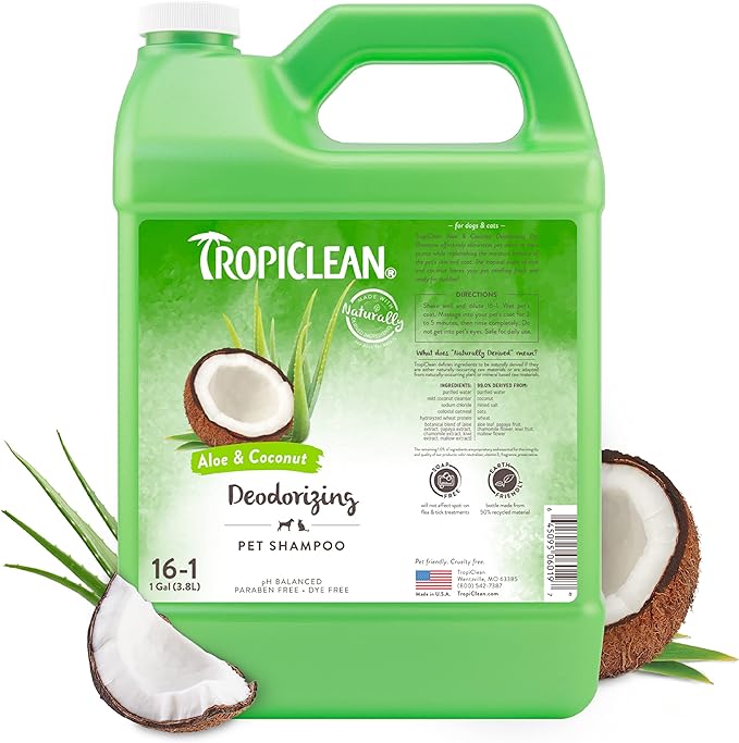 TropiClean Aloe & Coconut Deodorizing Dog Shampoo for Smelly Dogs | Odor Control Shampoo for Stinky Dogs | Natural Pet Shampoo Derived from Natural Ingredients | Cat Friendly | Made in the USA | 1 gal