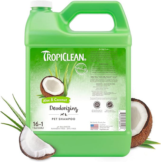 TropiClean Aloe & Coconut Deodorizing Dog Shampoo for Smelly Dogs | Odor Control Shampoo for Stinky Dogs | Natural Pet Shampoo Derived from Natural Ingredients | Cat Friendly | Made in the USA | 1 gal