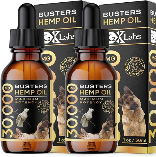 Busters Max Potency Organic Hemp Oil [2Pack, 2Months Supply] & treats for Dogs & Cats - Perfect Ratio Omega 3 & 6 - Made in USA - Hip & Joint Health, Natural Relief, Calming