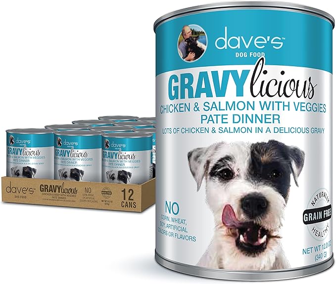 Dave’s Pet Food Gravylicous Soft Wet Dog Food for Small & Large Dogs (Chicken & Salmon with Veggies), Grain Free Canned Dog Food, Added Vitamins & Minerals, Wheat & Gluten-Free, 12oz Cans (Case of 12)