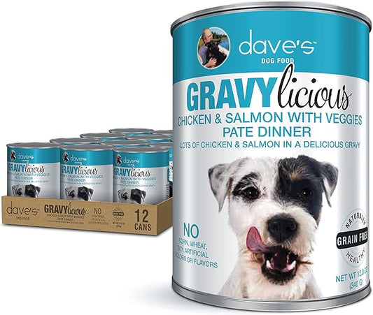 Dave’s Pet Food Gravylicous Soft Wet Dog Food for Small & Large Dogs (Chicken & Salmon with Veggies), Grain Free Canned Dog Food, Added Vitamins & Minerals, Wheat & Gluten-Free, 12oz Cans (Case of 12)