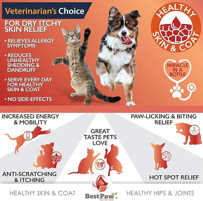 Pure Wild Alaskan Salmon Oil for Dogs & Cats Skin and Coat - Fish Oil Liquid with Pump - Supports Joint Function, Immune & Heart Health - Omega 3 Liquid Food Supplement - All Natural EPA + DHA - 16oz