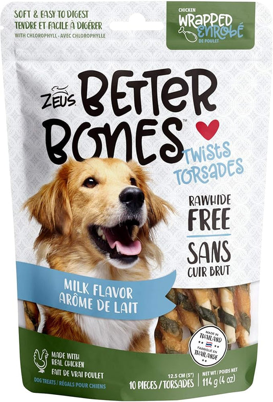 ZEUS Better Bones Twists Dog Treats, Milk and Chicken Twists 10 Pack - Rawhide Free Healthy Dog Treats