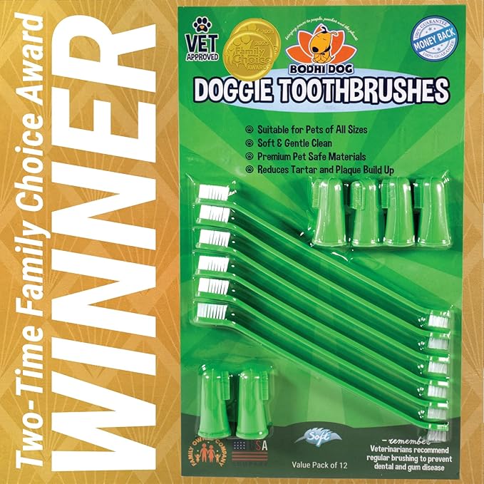 Bodhi Dog Pet Toothbrush Combo Pack | Soft Finger and Dual-Ended Long Toothbrushes | Dog Toothbrush with Soft Bristles for Pet Dental Care | Easy Teeth Cleaning and Gum Health (6 Long & 6 Finger)