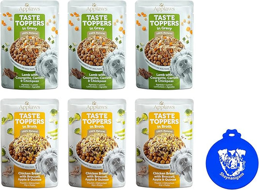 Applaws Taste Toppers Wet Dog Food Bundle: (3) Chicken Breast With Broccoli, Apple, Quinoa in Broth & (3) Lamb With Zucchini, Carrot & Chickpeas in Gravy (6 Pouches Total, 3 Oz Each) Plus Silicone Lid