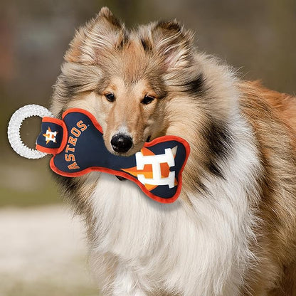 MLB Houston Astros Bone Shaped Dental Dog TUG Toy with Squeaker. Tough PET Toy for Healthy Fun, Teething, and Cleaning pet's Teeth and Gum.