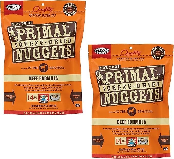 Primal Freeze Dried Dog Food Nuggets, Beef; Complete & Balanced Meal; Also Use as Topper or Treat; Premium, Healthy, Grain Free, High Protein Raw Dog Food, 14 oz (Pack of 2)