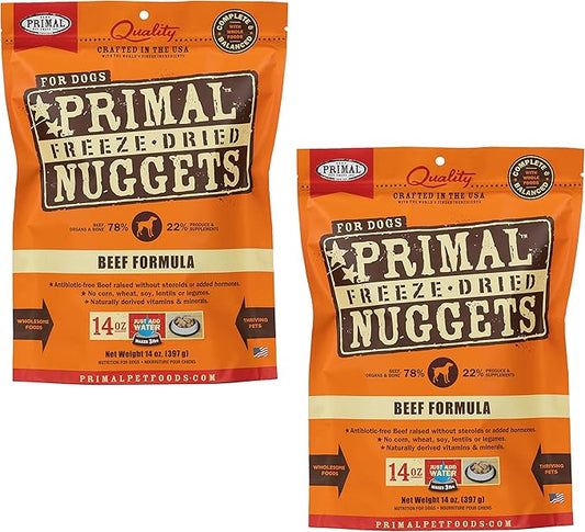 Primal Freeze Dried Dog Food Nuggets, Beef; Complete & Balanced Meal; Also Use as Topper or Treat; Premium, Healthy, Grain Free, High Protein Raw Dog Food, 14 oz (Pack of 2)