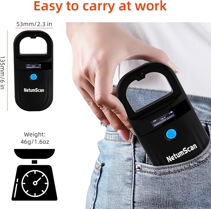 NetumScan Bluetooth Pet Microchip Reader Scanner, RFID EMID Handheld Pet Chip ID Scanner Rechargeable Data Storage Animal Tag Scanner with Stable OLED Display for ISO 11784/11785,FDX-B and ID64 RFID