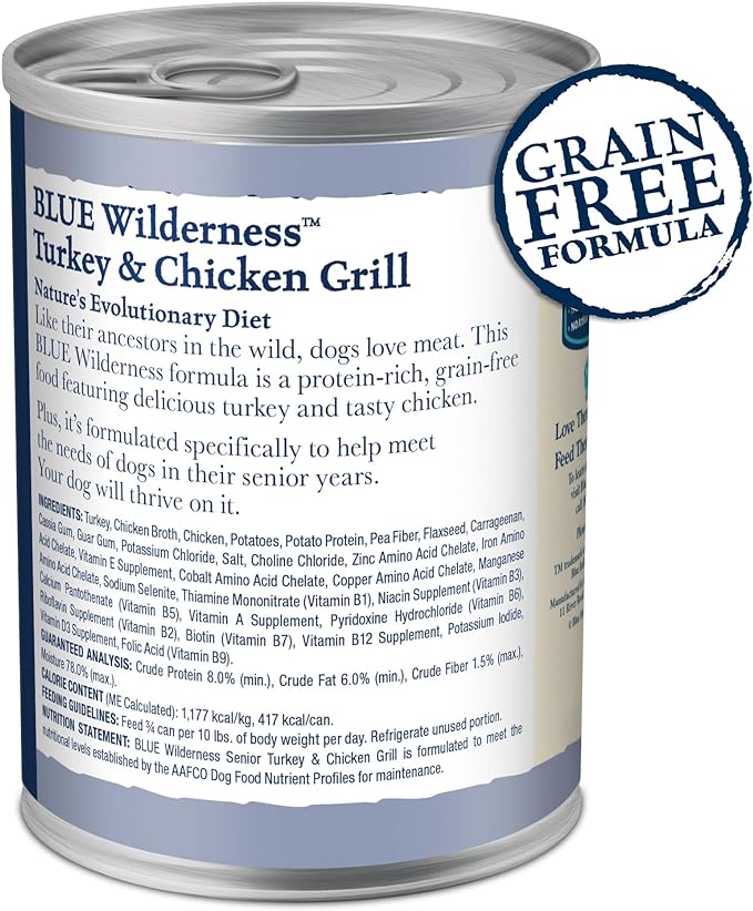 Blue Buffalo Wilderness High Protein, Natural Senior Wet Dog Food, Turkey & Chicken Grill 12.5-oz cans (Pack of 12)