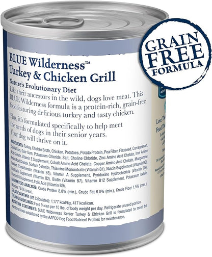 Blue Buffalo Wilderness High Protein, Natural Senior Wet Dog Food, Turkey & Chicken Grill 12.5-oz cans (Pack of 12)