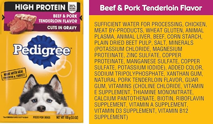 Pedigree high protein dog food bundle, includes 12 pouches, High Protein and cuts in gravy, assorted 06 Flavors(02 each).Plus a Carrot dog toy and a Pet Nutrition Booklet.