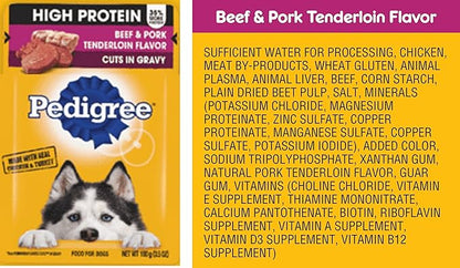 Pedigree high protein dog food bundle, includes 12 pouches, High Protein and cuts in gravy, assorted 06 Flavors(02 each).Plus a Carrot dog toy and a Pet Nutrition Booklet.