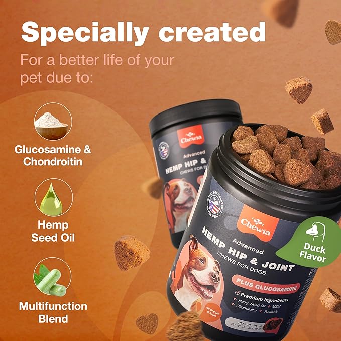 Glucosamine for Dogs - Hip and Joint Supplement Dogs - Glucosamine Chondroitin Dog Chews with MSM - Dog Hip and Joint Supplement - Hemp Hip and Joint Chews for Dogs - Mobility, Skin & Coat Health