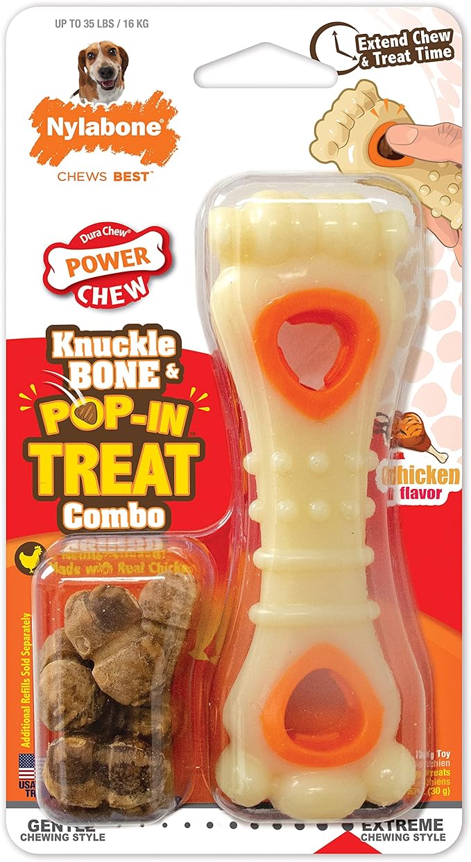 Nylabone Power Chew Knuckle Bone & Pop-In Dog Treat Toy Combo with Chicken Flavor Treat Refills, Chew Toy for Aggressive Chewers, Durable Treat Pouch, Medium/Wolf - Up to 35 lbs. (1 Count)