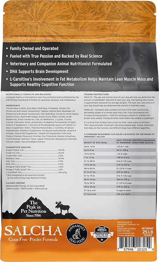 Annamaet Grain-Free Salcha Poulet Formula Dry Dog Food, (Chicken & Duck), 25-lb Bag, Brown