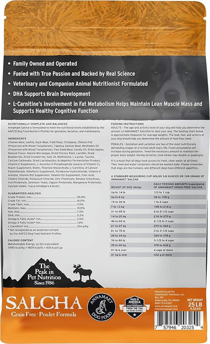 Annamaet Grain-Free Salcha Poulet Formula Dry Dog Food, (Chicken & Duck), 25-lb Bag, Brown