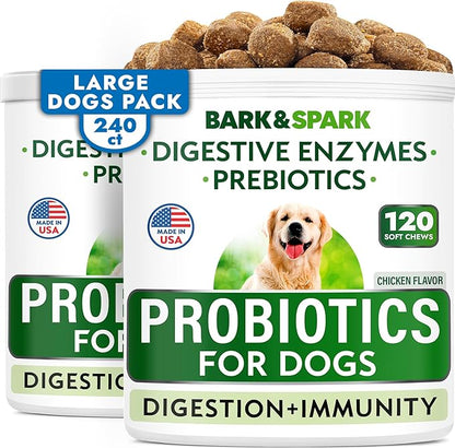 Bark&Spark Dog Probiotics & Digestive Enzymes (Gut Health) Allergy & Itchy Skin - Pet Diarrhea Gas Treatment Upset Stomach Relief, Digestion Health Prebiotic Supplement Large Dog Treats (240Ct Bacon)