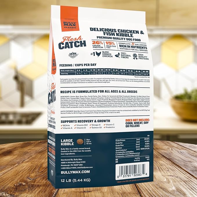 Bully Max Classic Fresh Catch Dry Dog Food - Slow-Cooked, Natural Chicken, Rice & Fish Recipe - Nutrient-Rich Large Kibble Wholesome Puppy & Dog Food - 6 lbs